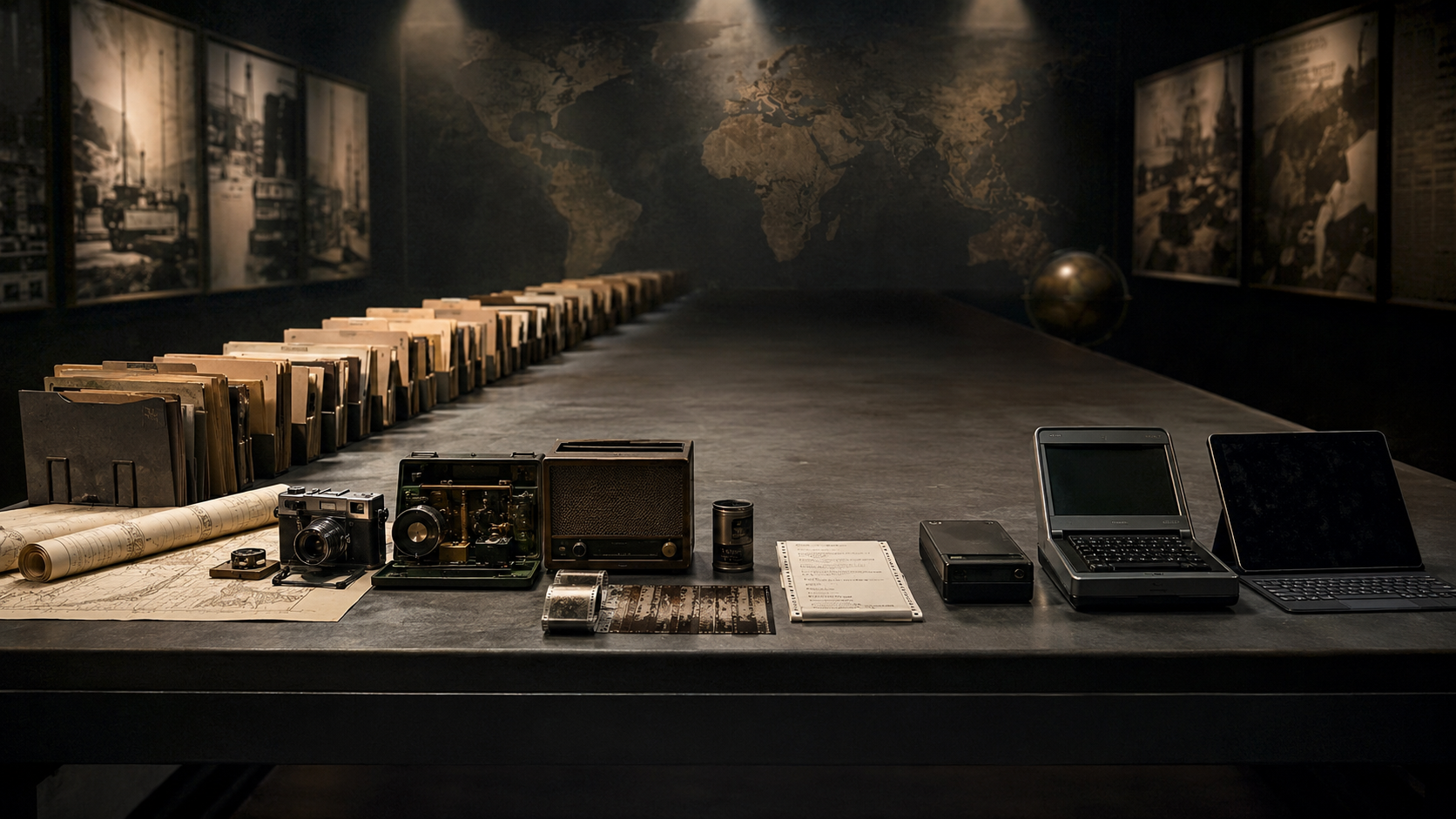 A museum-style chronological display of intelligence-era technology