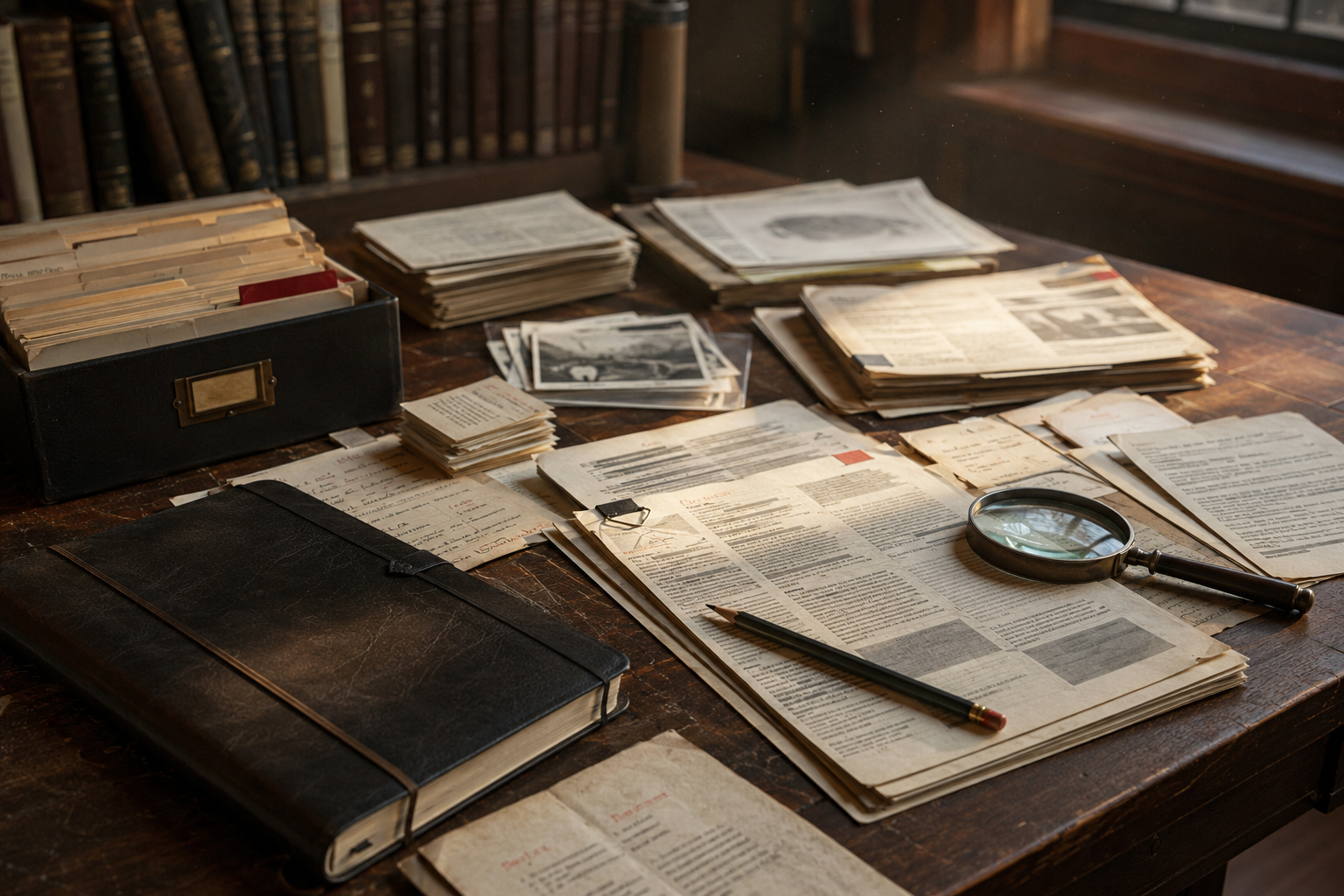 Archival research materials arranged on a library table